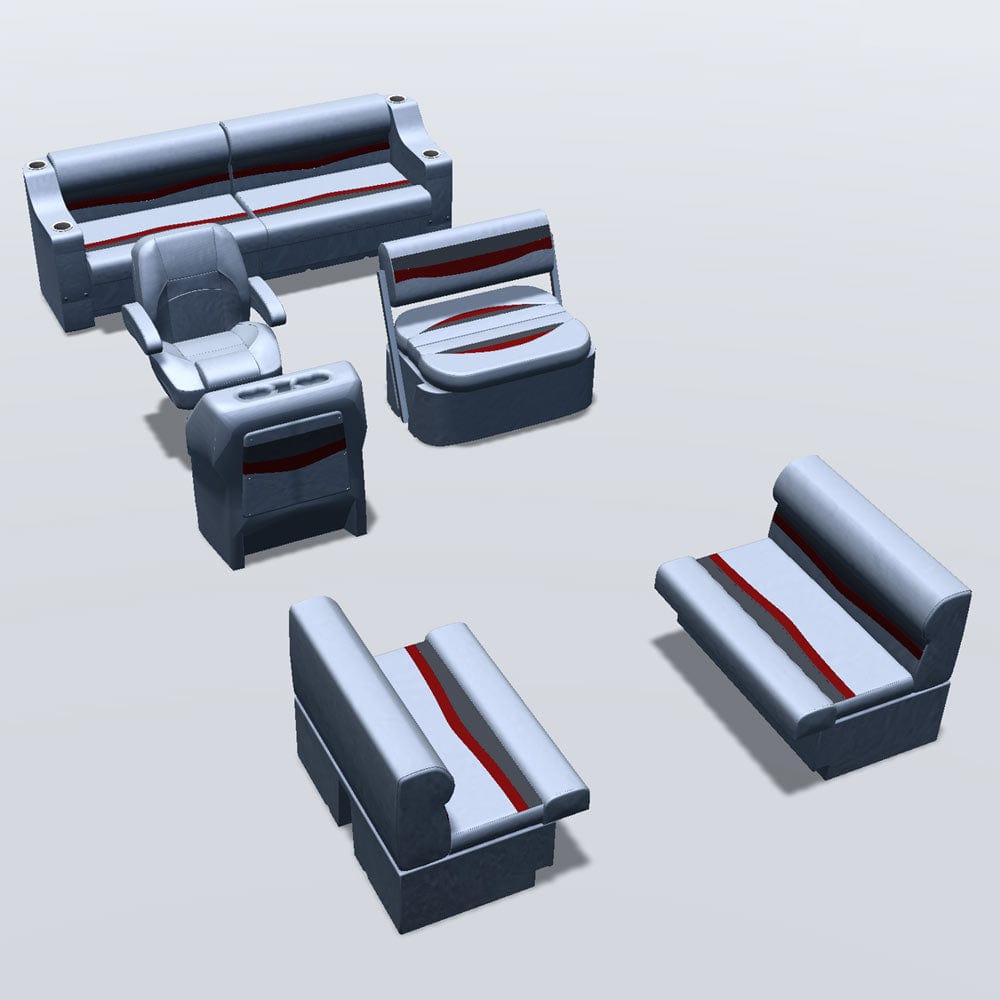 Side entry midship flip flop pontoon seat package with bow double bench #color_gray, red & charcoal