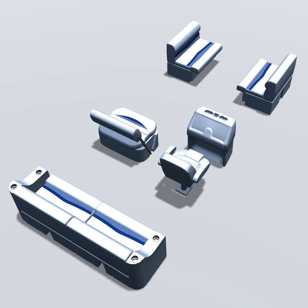Side entry midship flip flop pontoon seat package with bow double bench back #color_white, blue & light blue