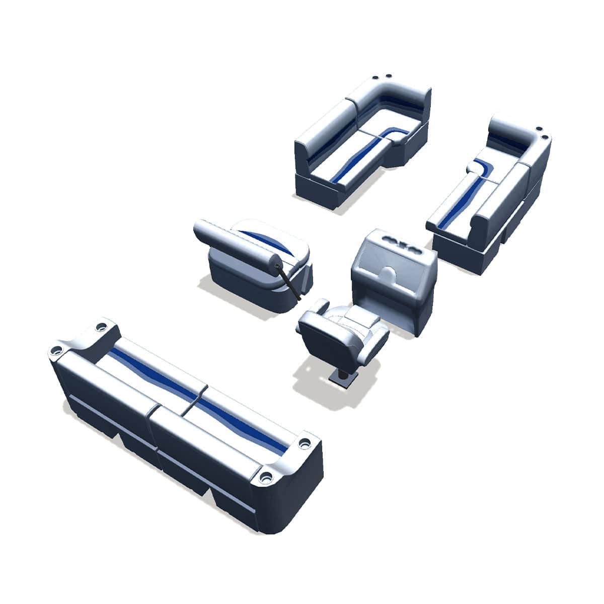 Side Entry midship flip flop pontoon seat package with bow double bench and corner seats back #color_white, blue & light blue