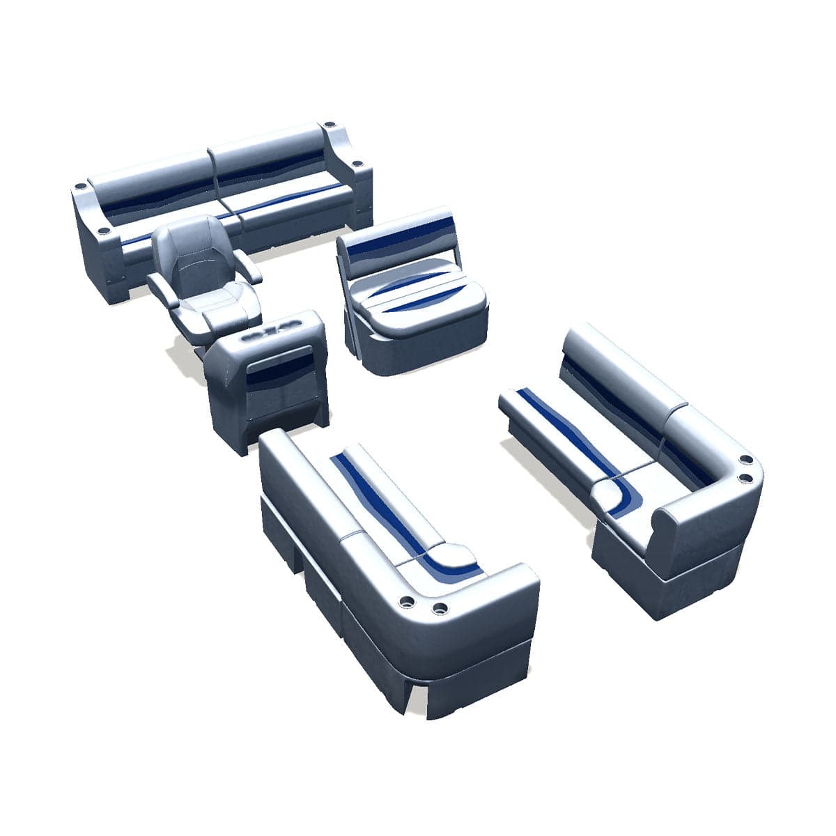 Side Entry midship flip flop pontoon seat package with bow double bench and corner seats #color_white, blue & light blue