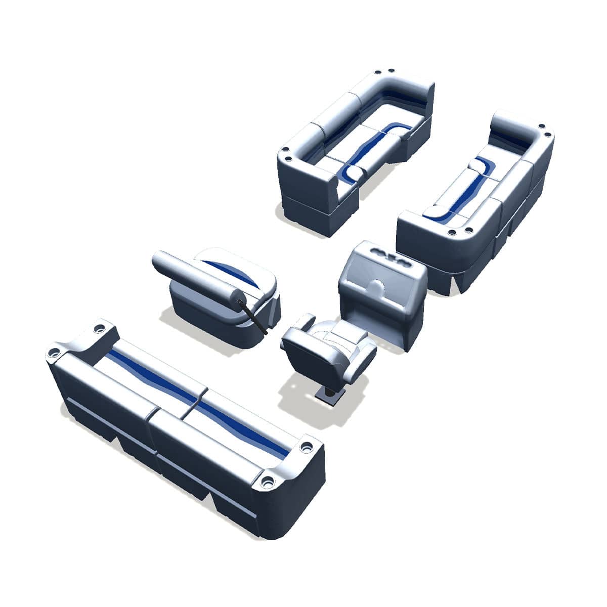 Side entry midship flip flop pontoon seat package with bow double bench and corner seats back #color_white, blue & light blue