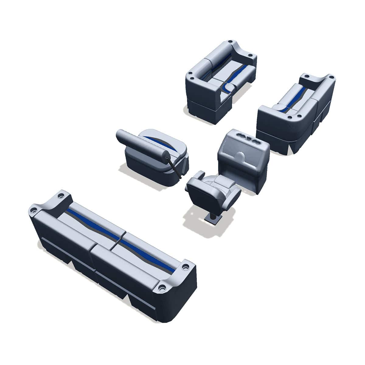 Side entry midship flip flop pontoon seat package with bow double bench and corner seats back #color_gray, blue & charcoal