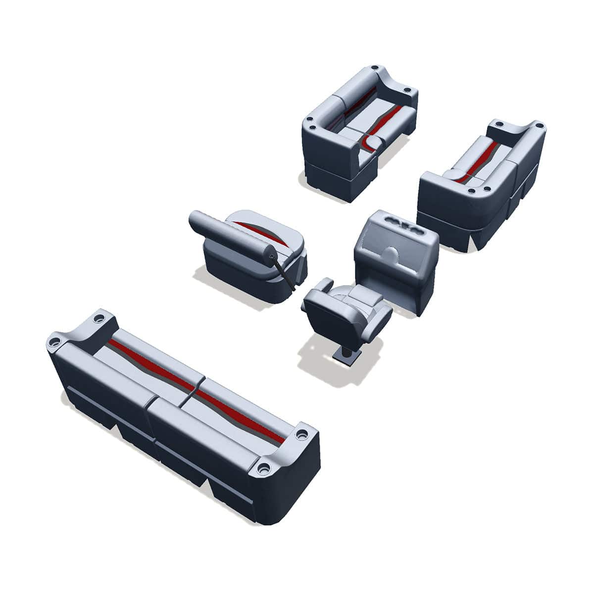Side entry midship flip flop pontoon seat package with bow double bench and corner seats back #color_gray, red & charcoal
