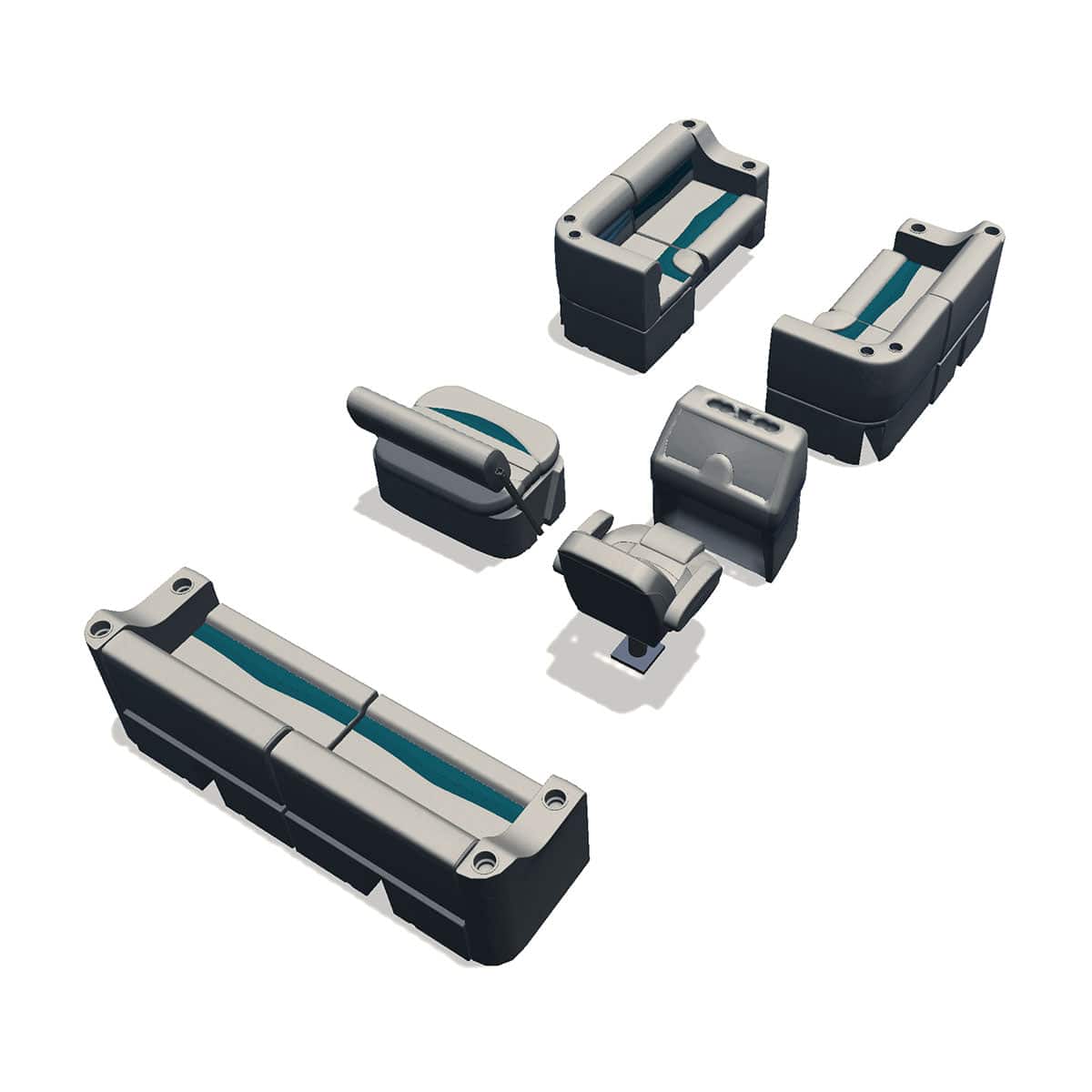 Side entry midship flip flop pontoon seat package with bow double bench and corner seats back #color_ivory & teal