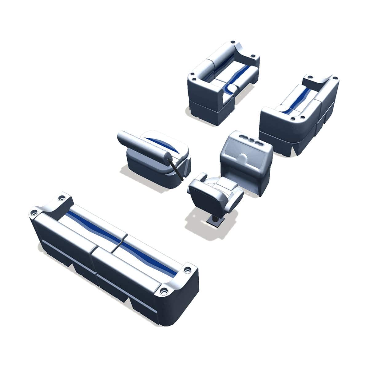 Side entry midship flip flop pontoon seat package with bow double bench and corner seats back #color_white, blue & light blue