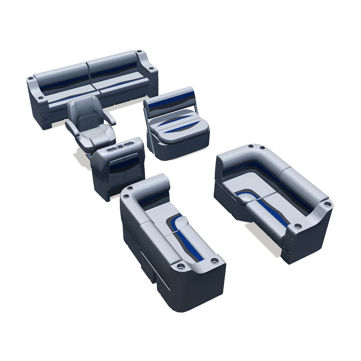 Side entry midship flip flop pontoon seat package with bow double bench and corner seats #color_gray, blue & charcoal
