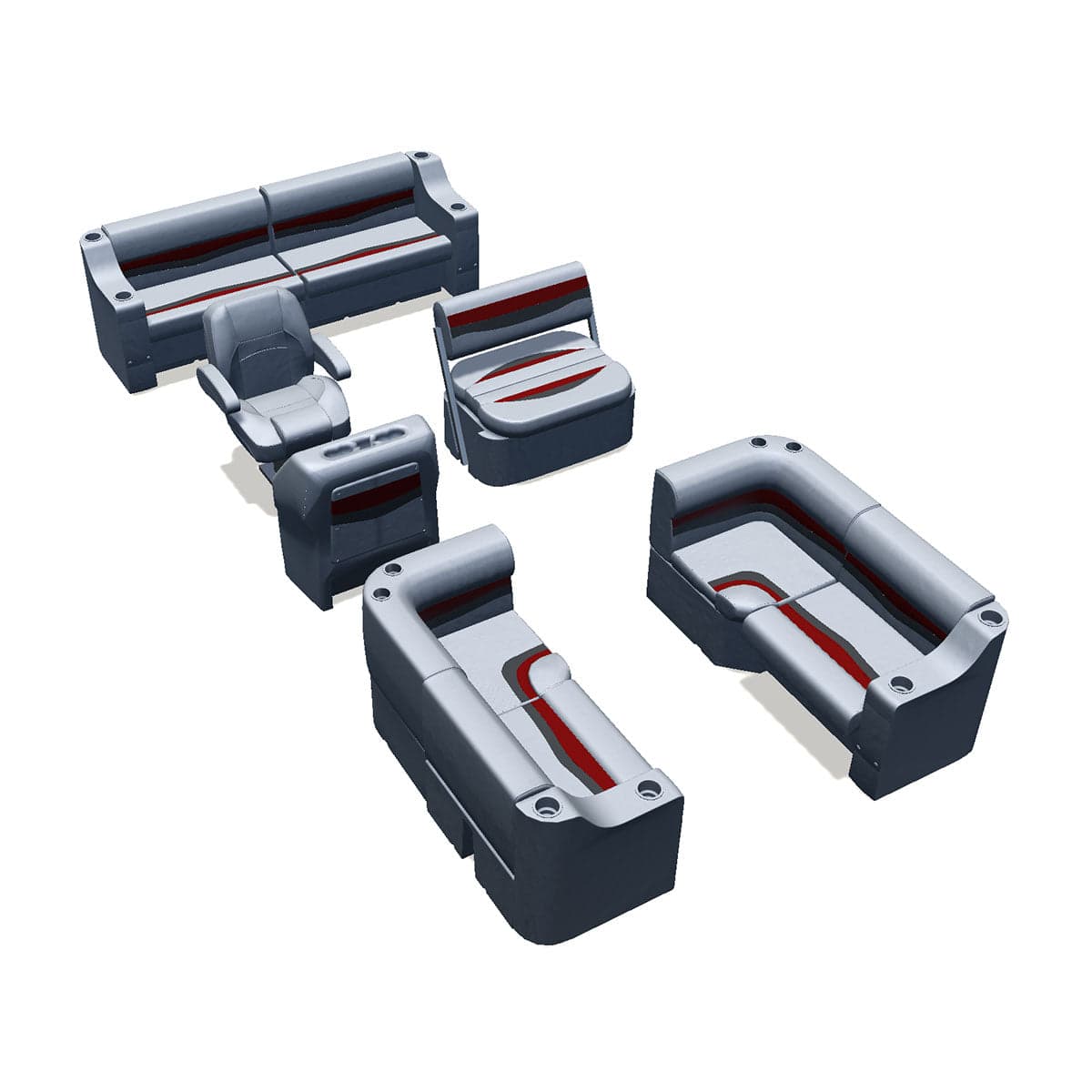Side entry midship flip flop pontoon seat package with bow double bench and corner seats #color_gray, red & charcoal