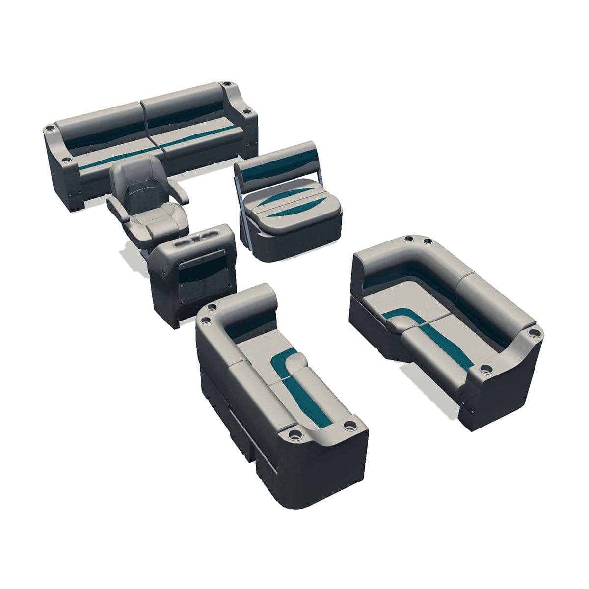 Side entry midship flip flop pontoon seat package with bow double bench and corner seats #color_ivory & teal