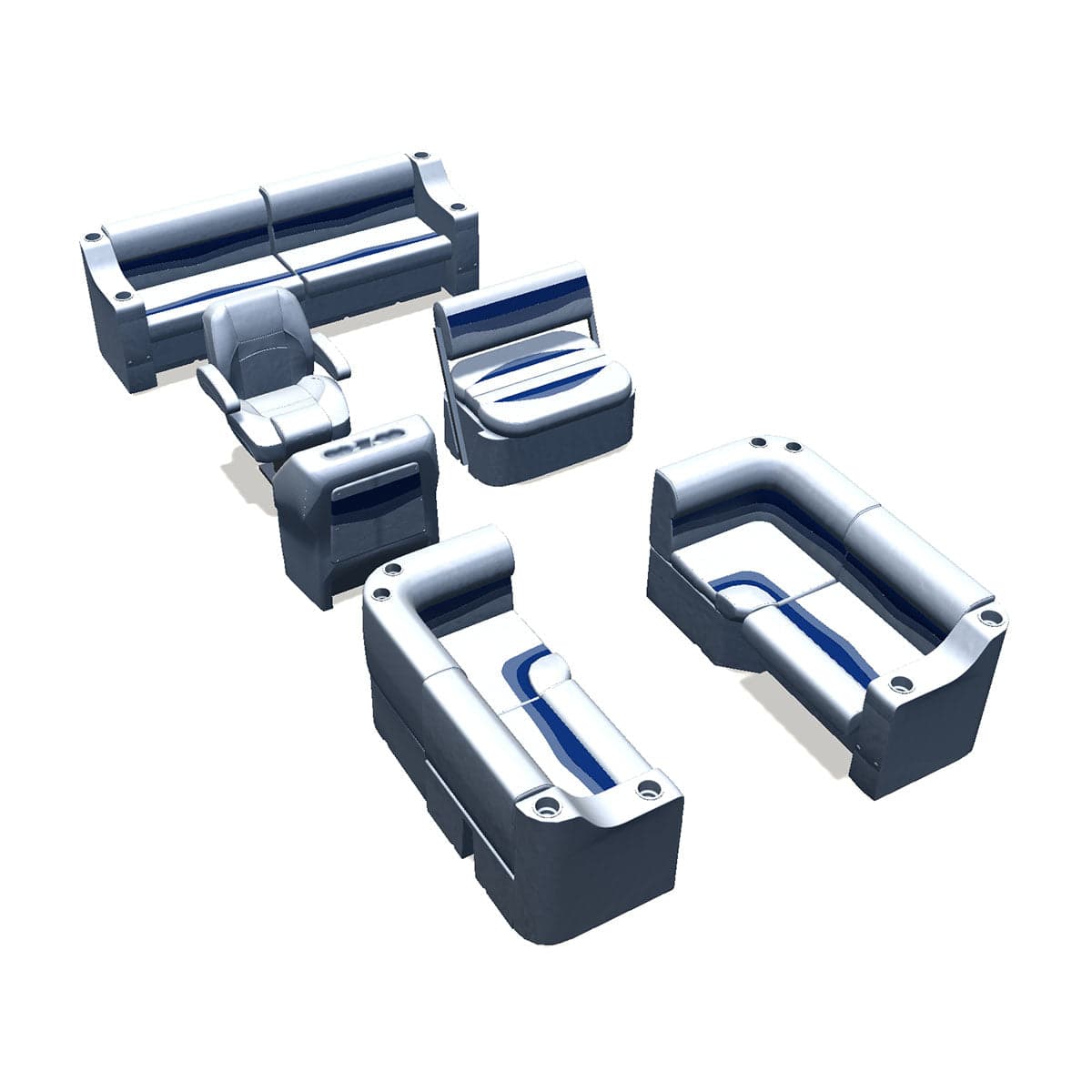 Side entry midship flip flop pontoon seat package with bow double bench and corner seats #color_white, blue & light blue