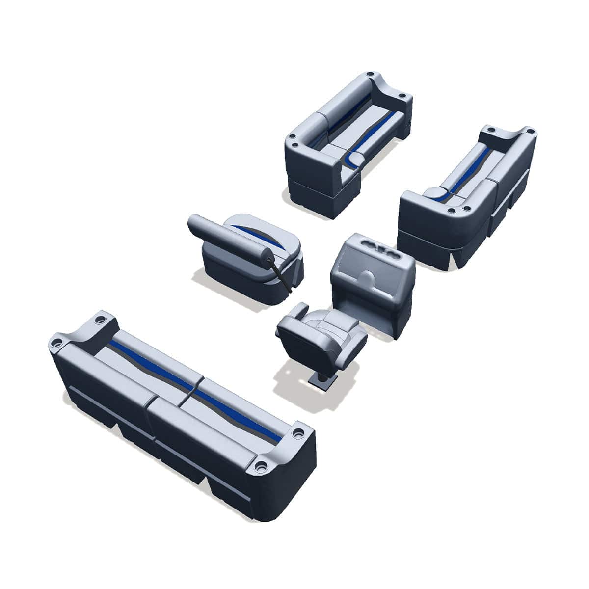 Side entry midship flip flop pontoon seat package with cupholder bow double bench and corner seats back #color_gray, blue & charcoal