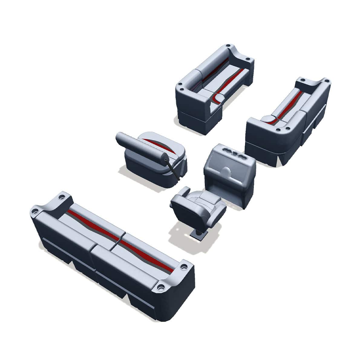 Side entry midship flip flop pontoon seat package with cupholder bow double bench and corner seats back #color_gray, red & charcoal