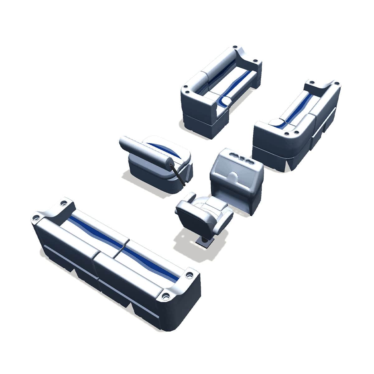Side entry midship flip flop pontoon seat package with cupholder bow double bench and corner seats back #color_white, blue & light blue