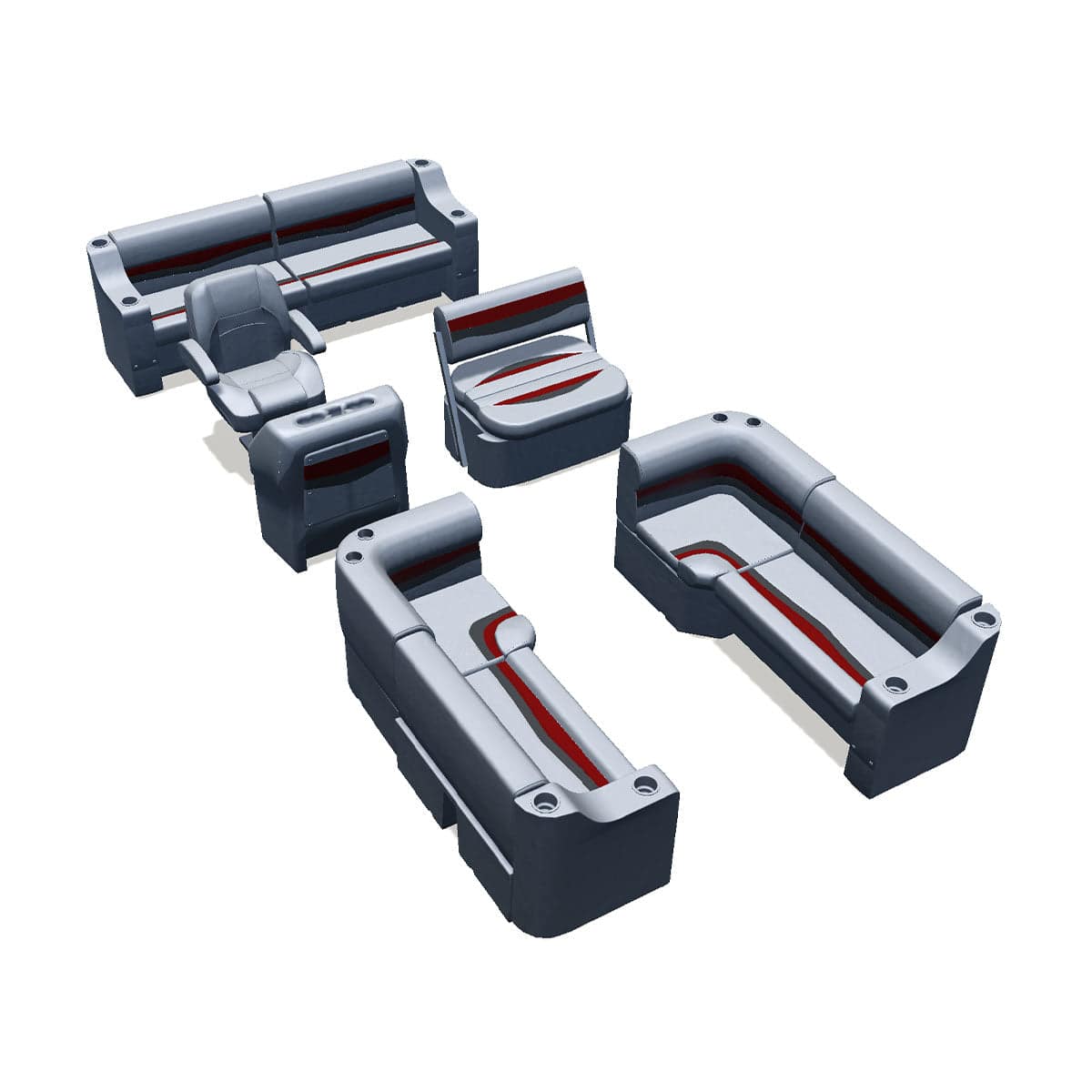 Side entry midship flip flop pontoon seat package with cupholder bow double bench and corner seats #color_gray, red & charcoal