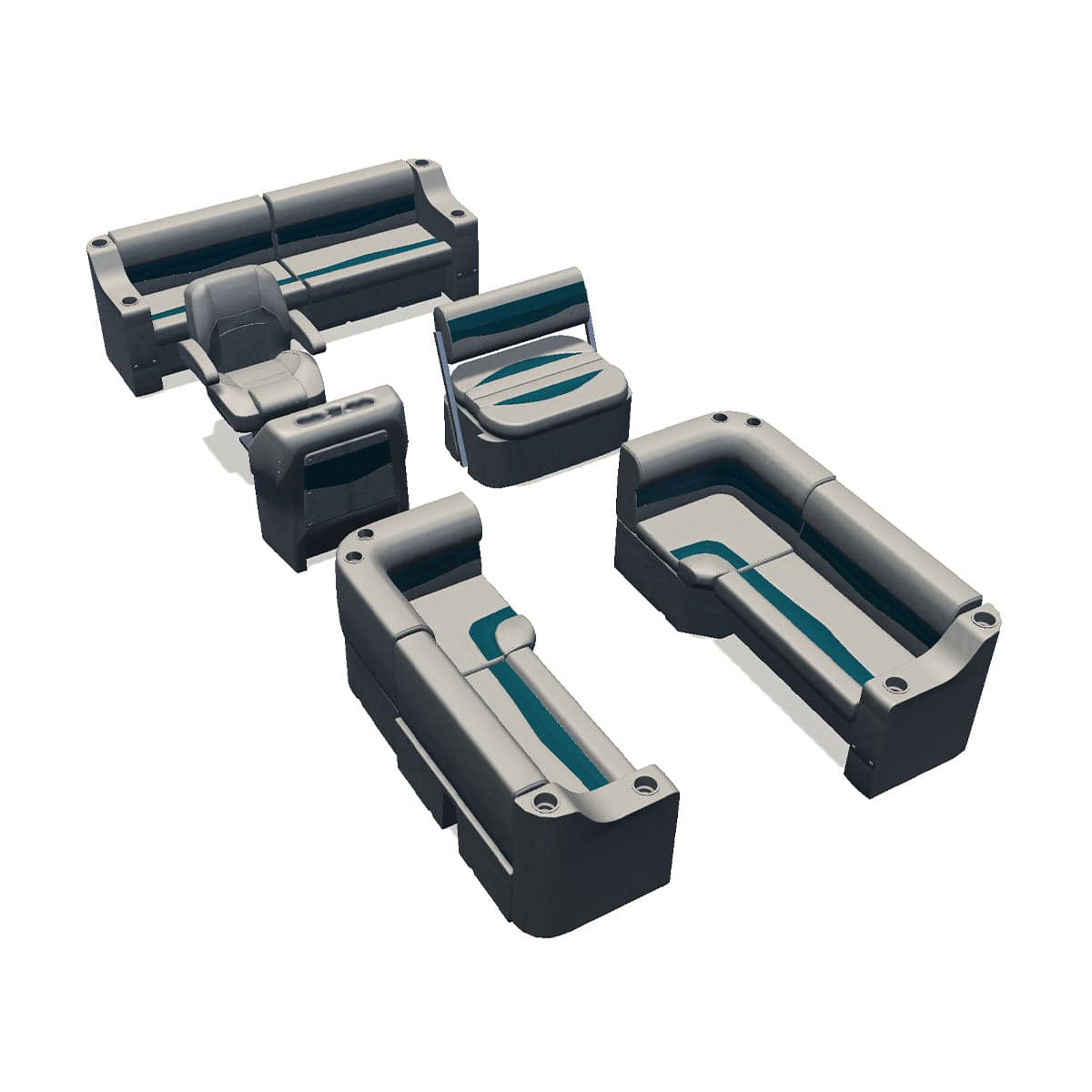 Side entry midship flip flop pontoon seat package with cupholder bow double bench and corner seats #color_ivory & teal