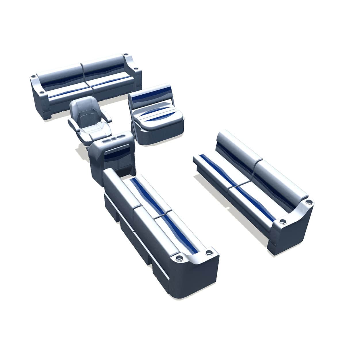 Side entry mid ship flip flop pontoon seat package with cupholder bow double bench seats #color_white, blue & light blue