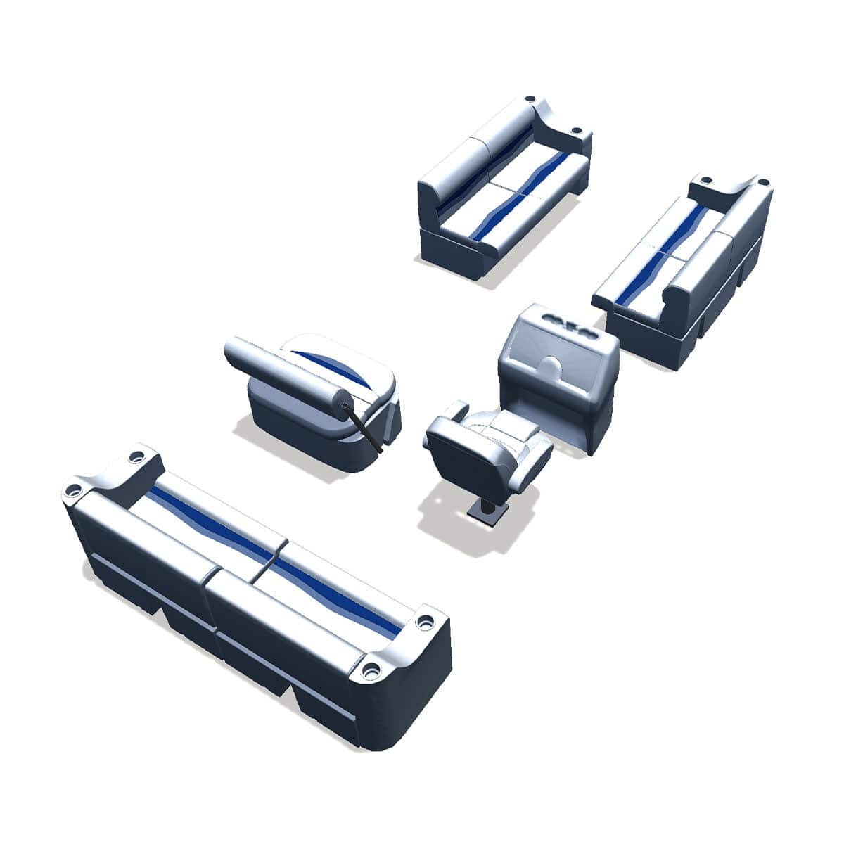 Side entry midship flip flop pontoon seat package with cupholder bow double bench seats back #color_white, blue & light blue