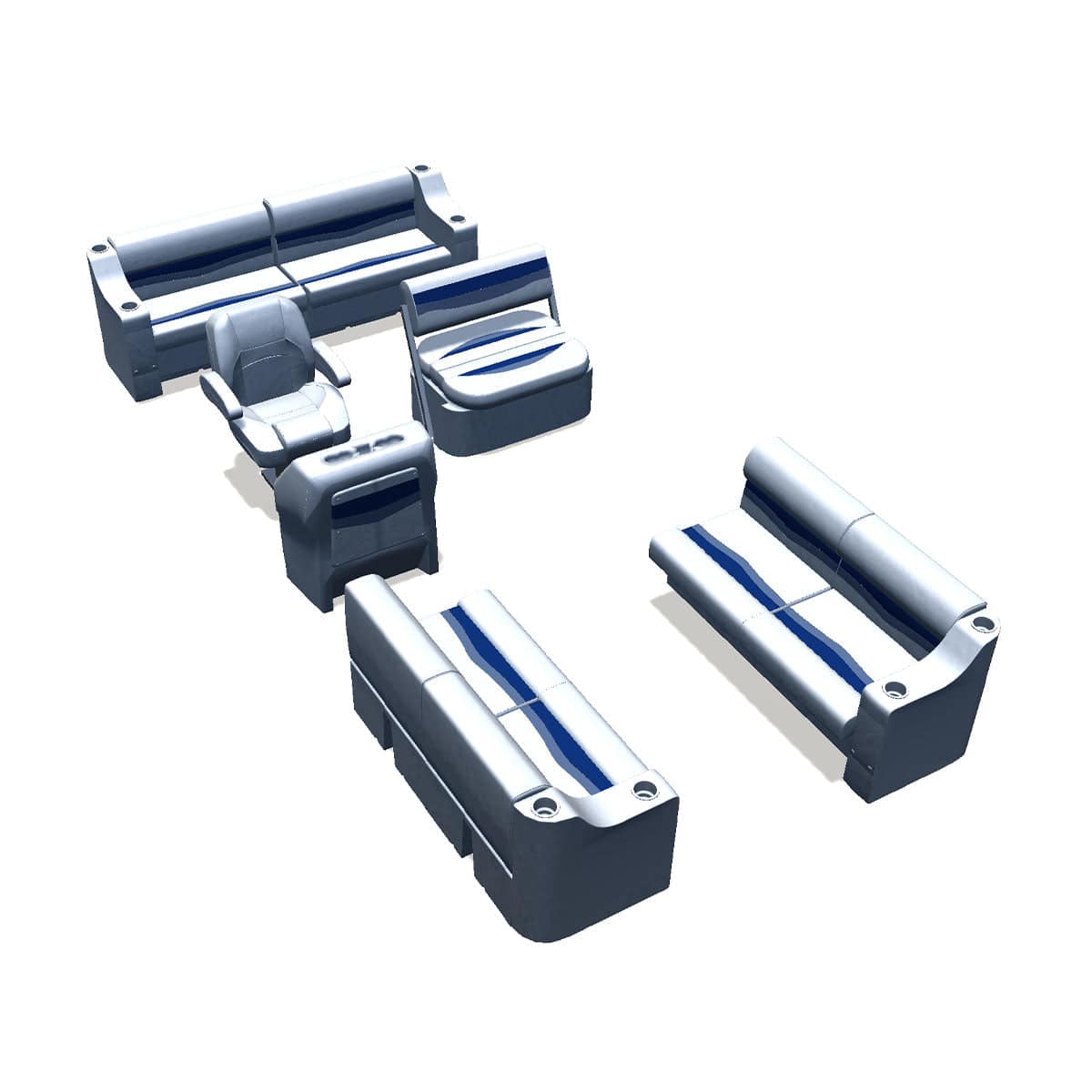 Side entry midship flip flop pontoon seat package with cupholder bow double bench seats #color_white, blue & light blue