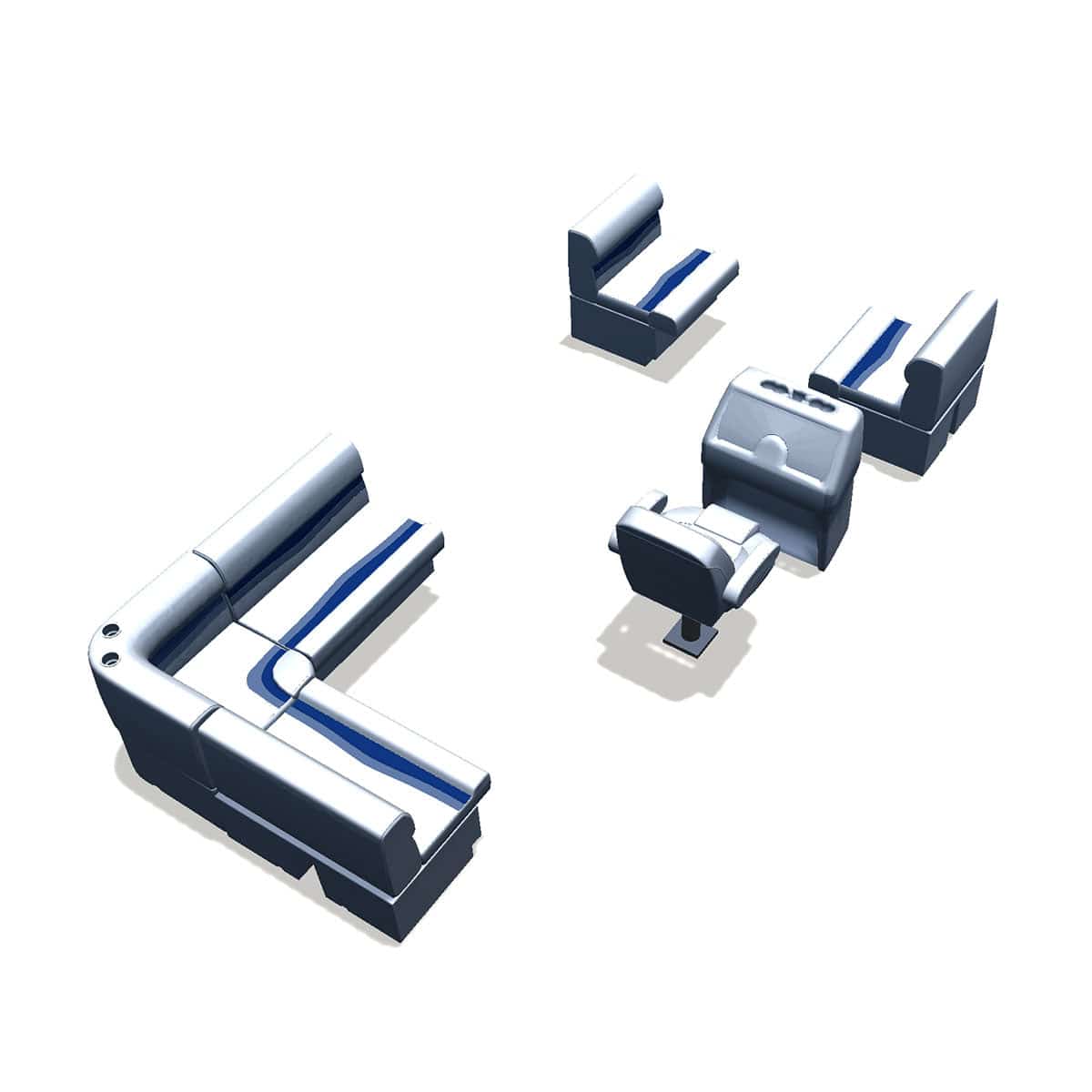 Stern entry aft L-bench pontoon seat package with bow double bench back #color_white, blue & light blue