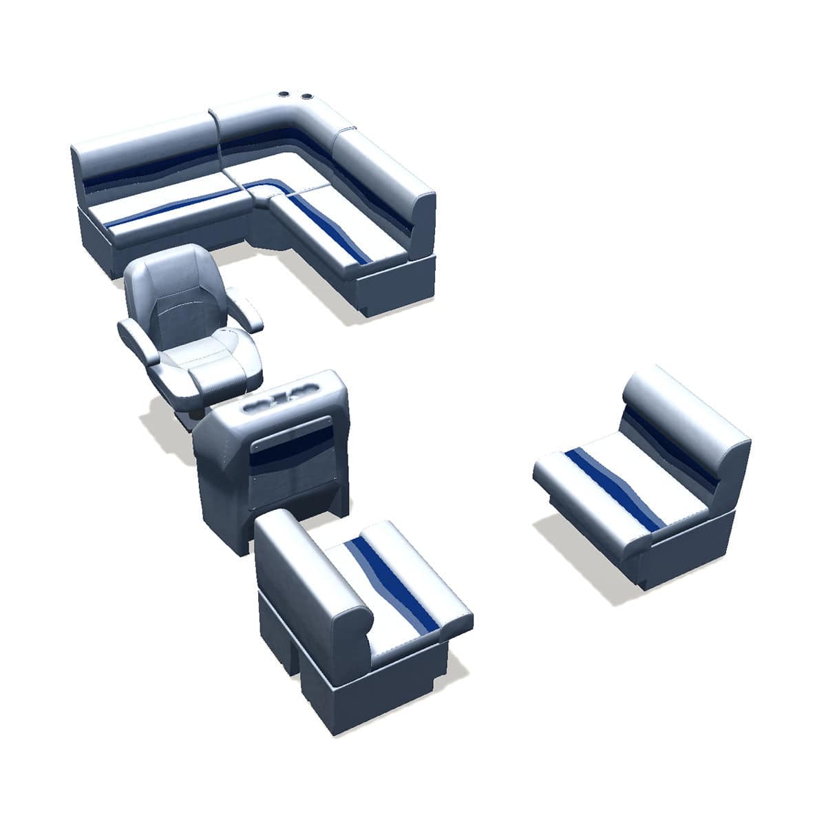 Stern entry aft L-bench pontoon seat package with bow double bench #color_white, blue & light blue