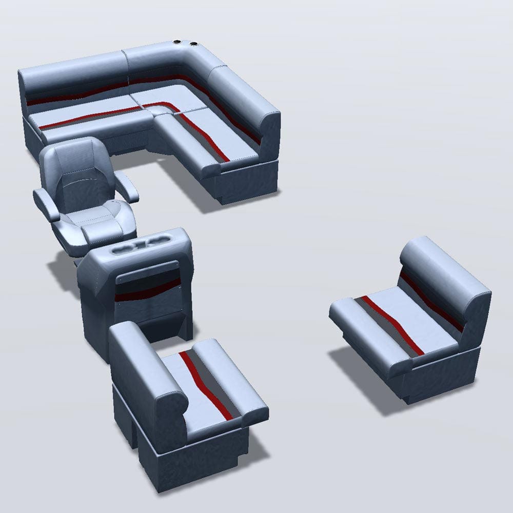 Stern entry aft L-bench pontoon seat package with bow double bench #color_gray, red & charcoal