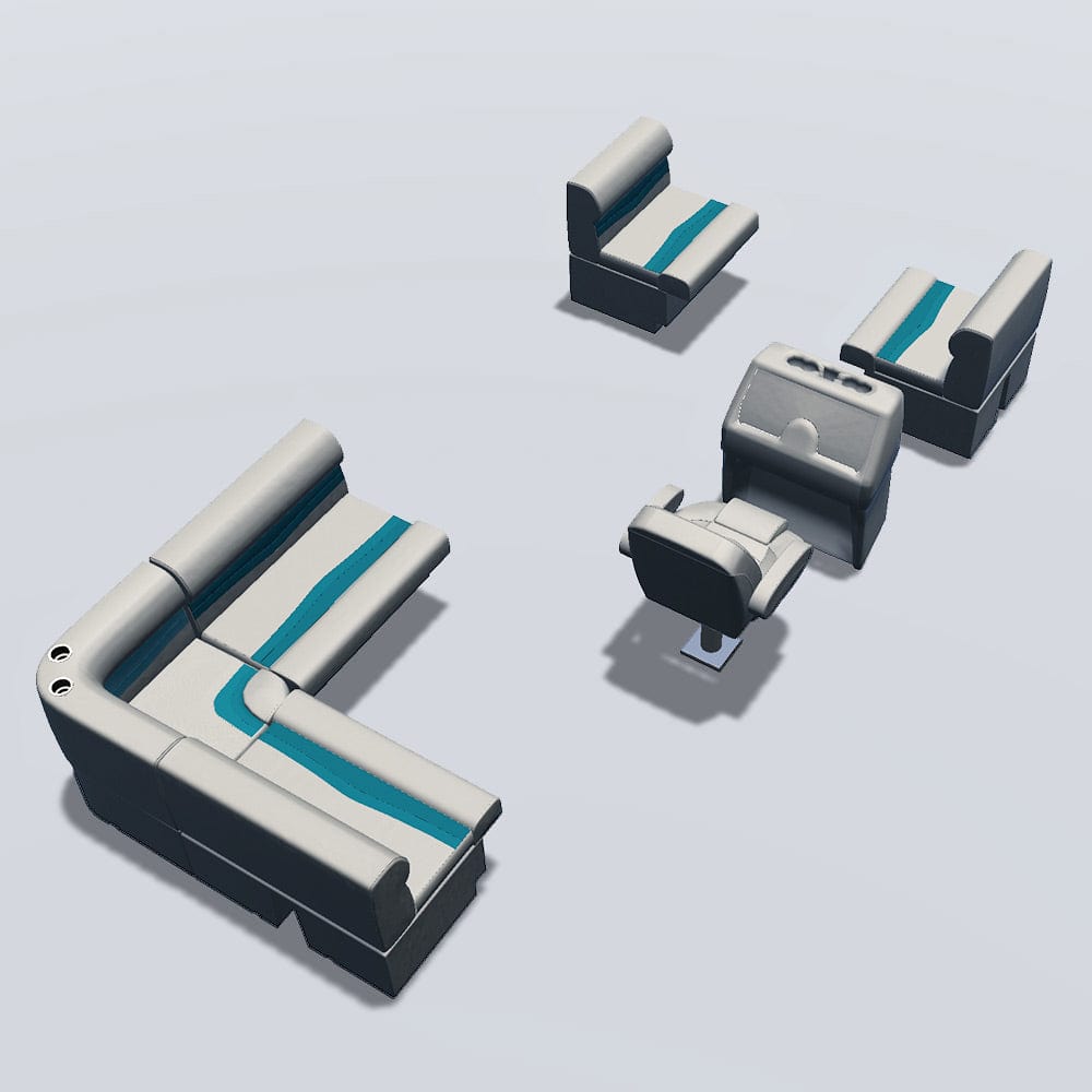 Stern entry aft L-bench pontoon seat package with bow double bench back #color_ivory & teal