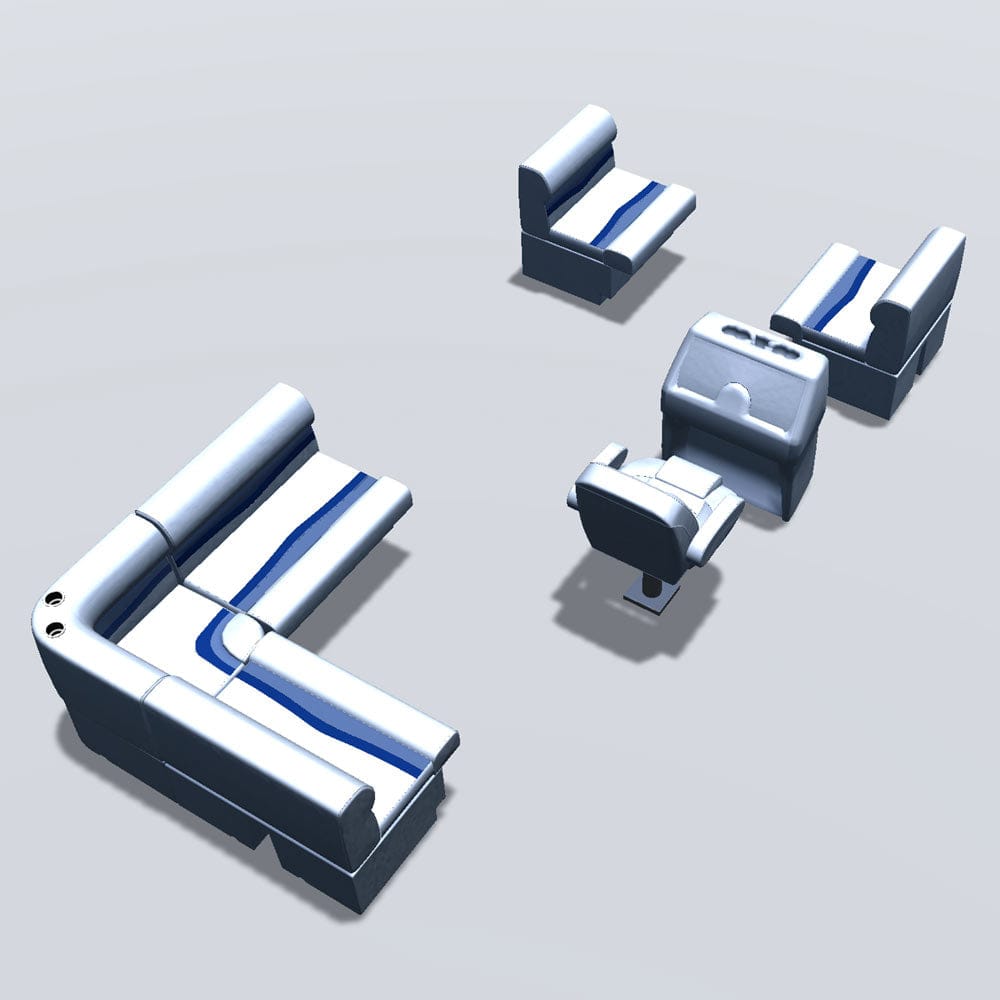 Stern entry aft L-bench pontoon seat package with bow double bench back #color_white, blue & light blue