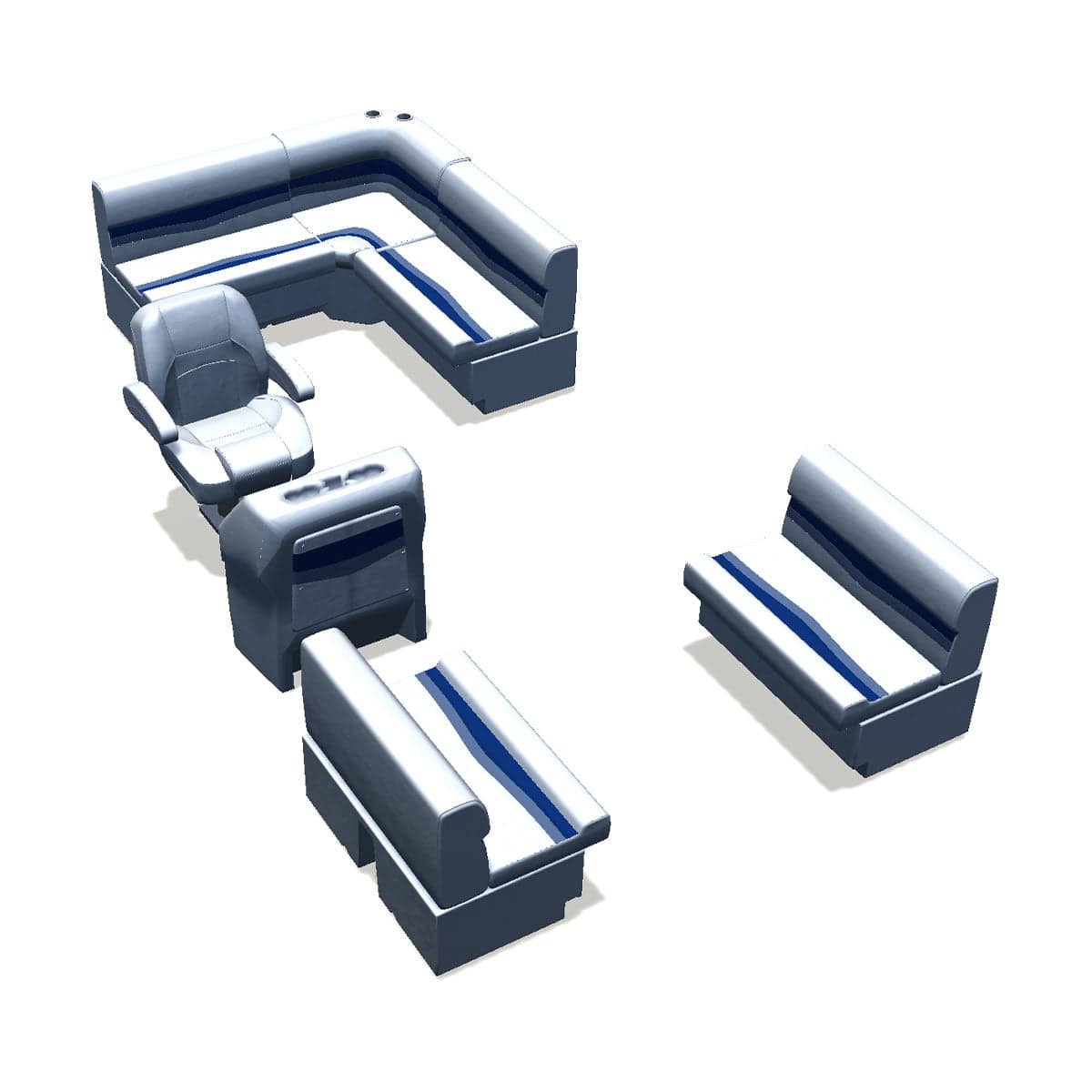 Stern entry pontoon seat package with bow double bench #color_white, blue & light blue