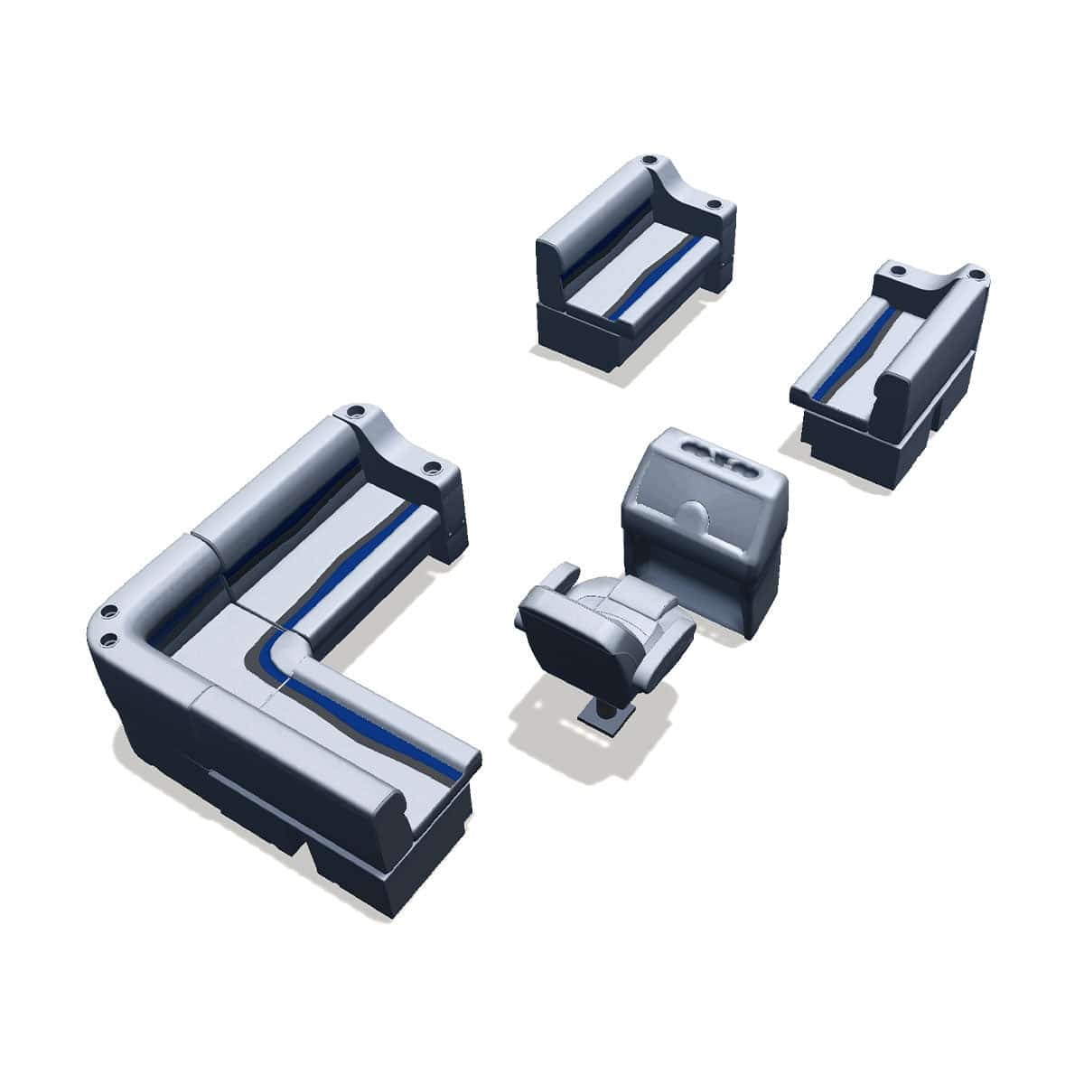 Stern entry pontoon seat package with cupholder bow double bench back #color_gray, blue & charcoal