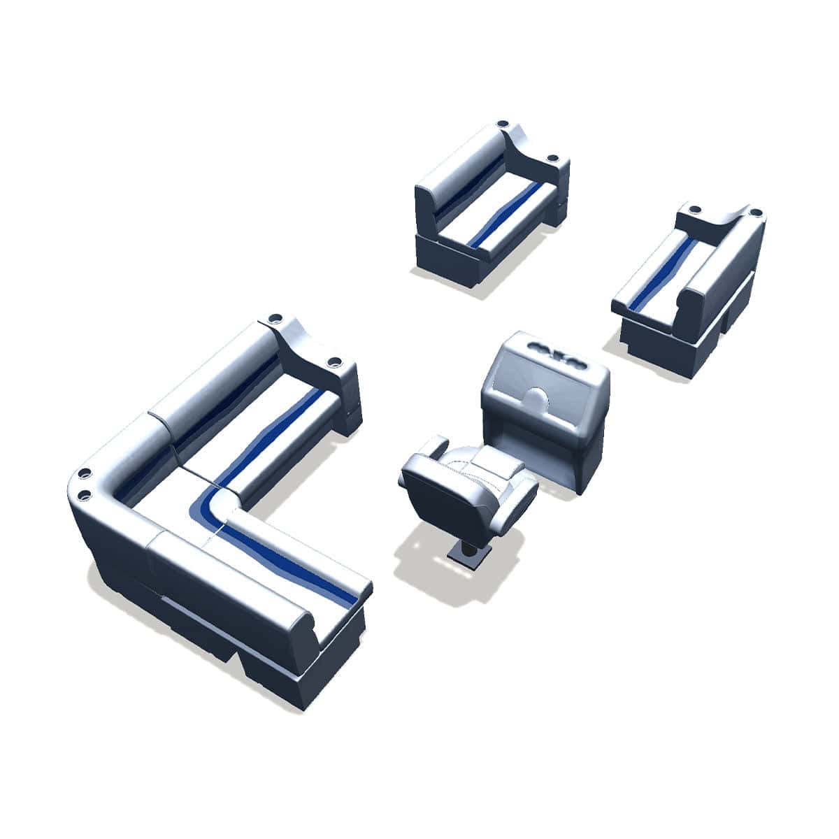 Stern entry pontoon seat package with cupholder bow double bench back #color_white, blue & light blue