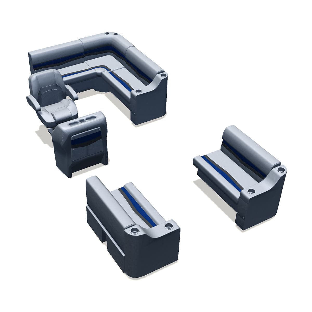 Stern entry pontoon seat package with cupholder bow double bench #color_gray, blue & charcoal