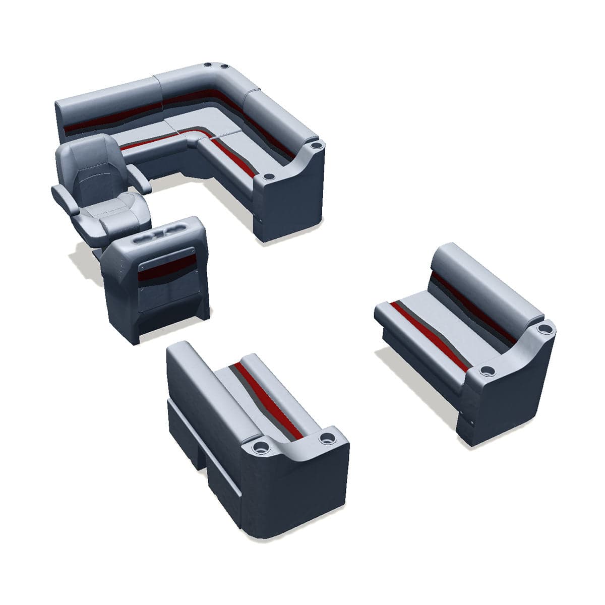 Stern entry pontoon seat package with cupholder bow double bench #color_gray, red & charcoal