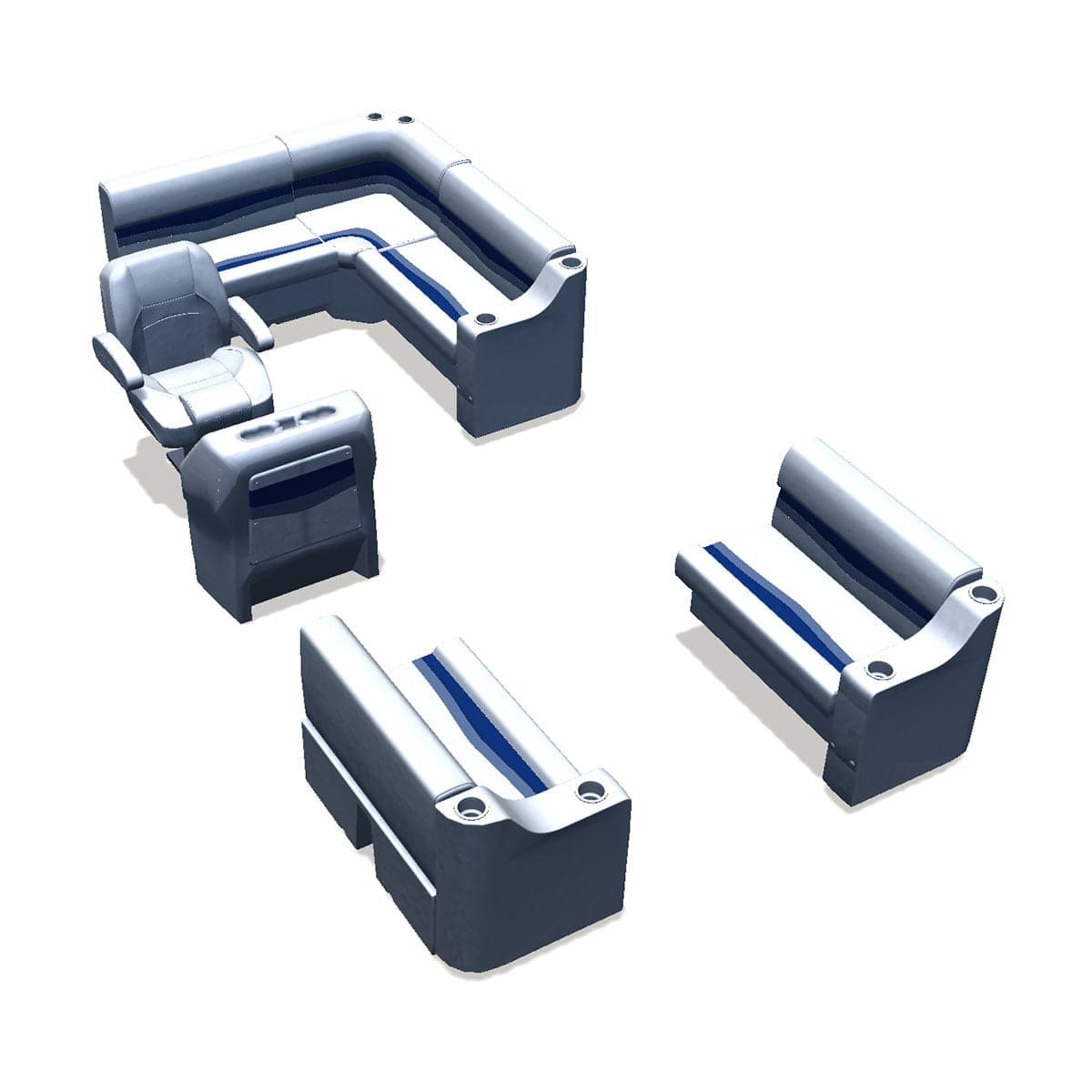 Stern entry pontoon seat package with cupholder bow double bench #color_white, blue & light blue