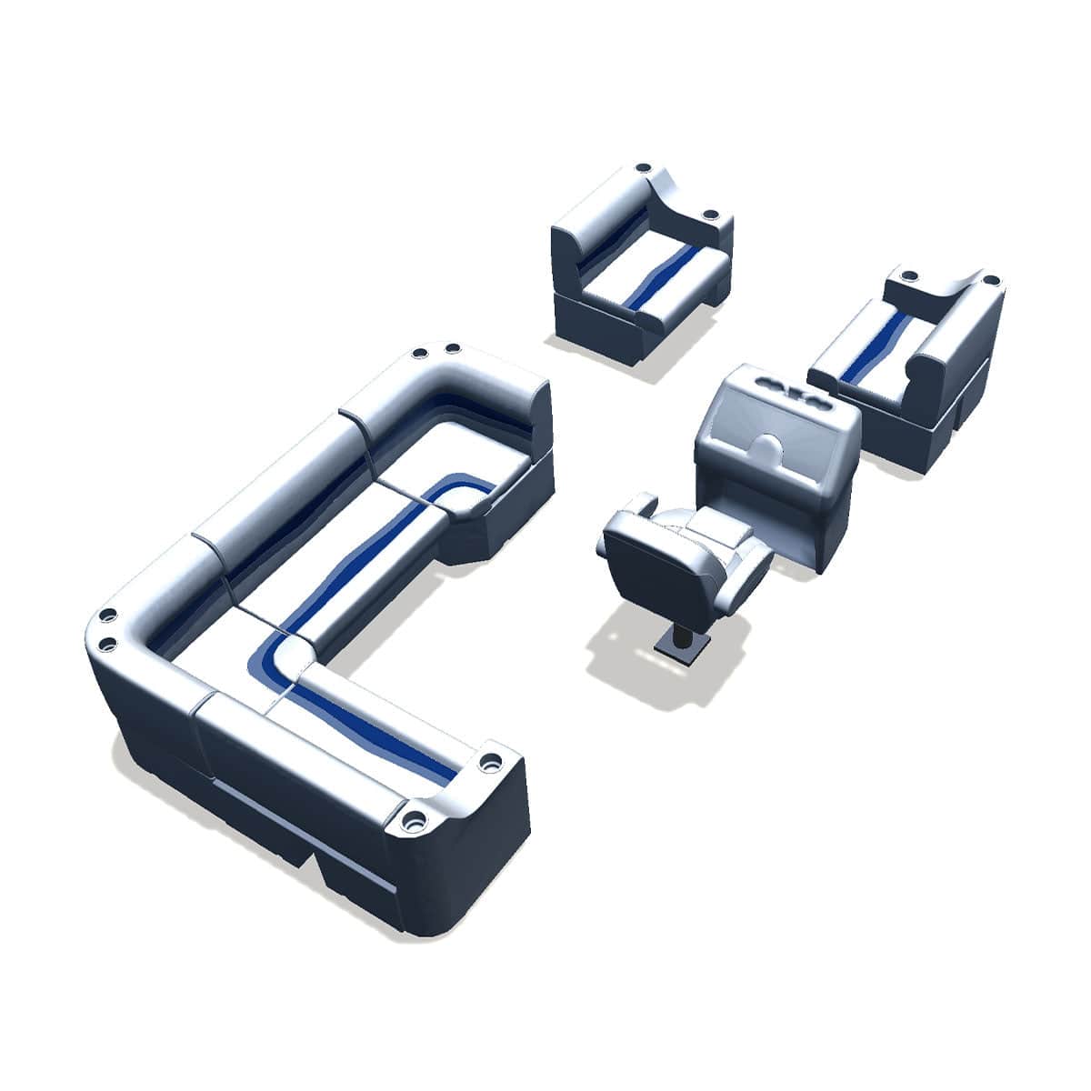 Stern entry pontoon seat package with cupholder bow double bench and corner seats back #color_white, blue & light blue