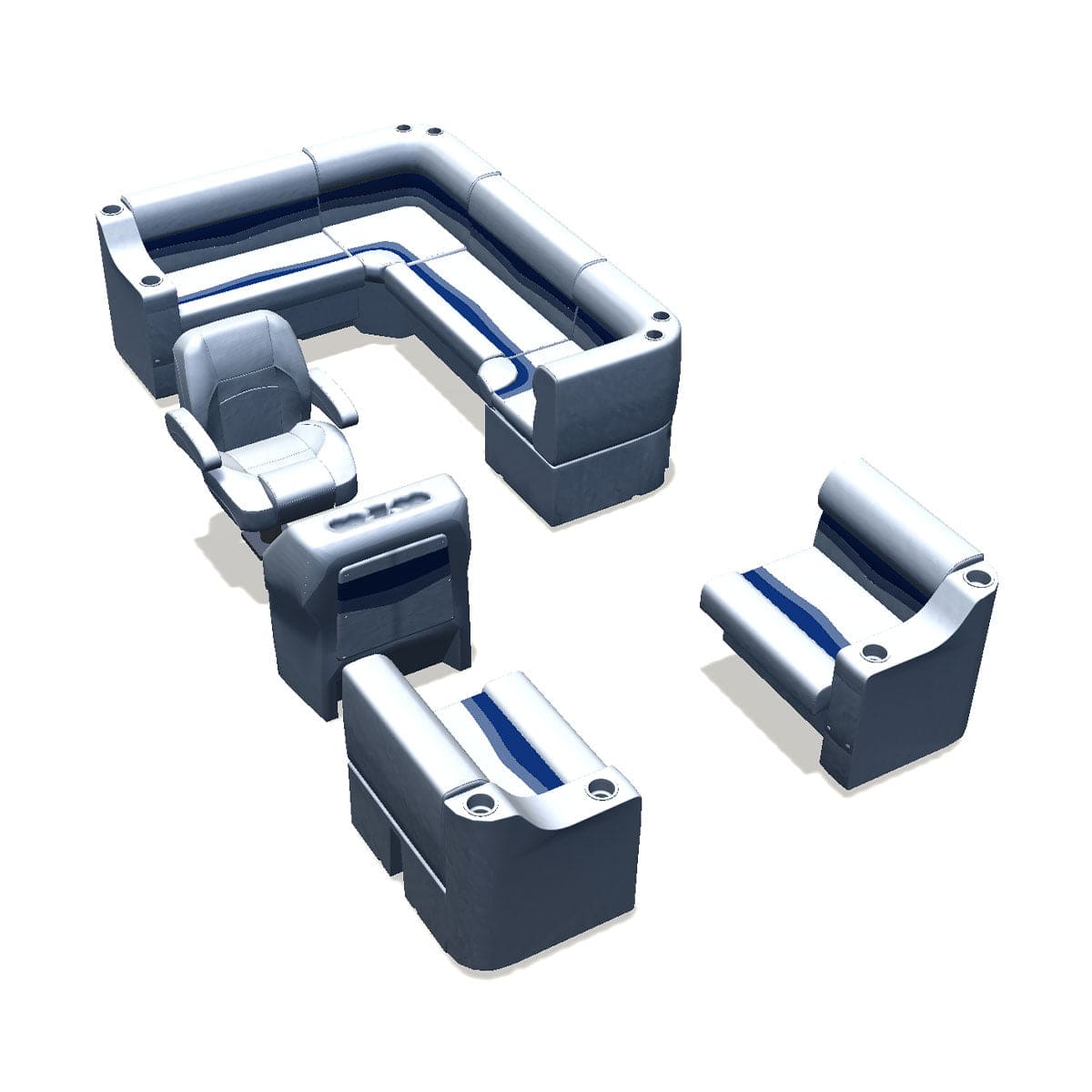 Stern entry pontoon seat package with cupholder bow double bench and corner seats #color_white, blue & light blue