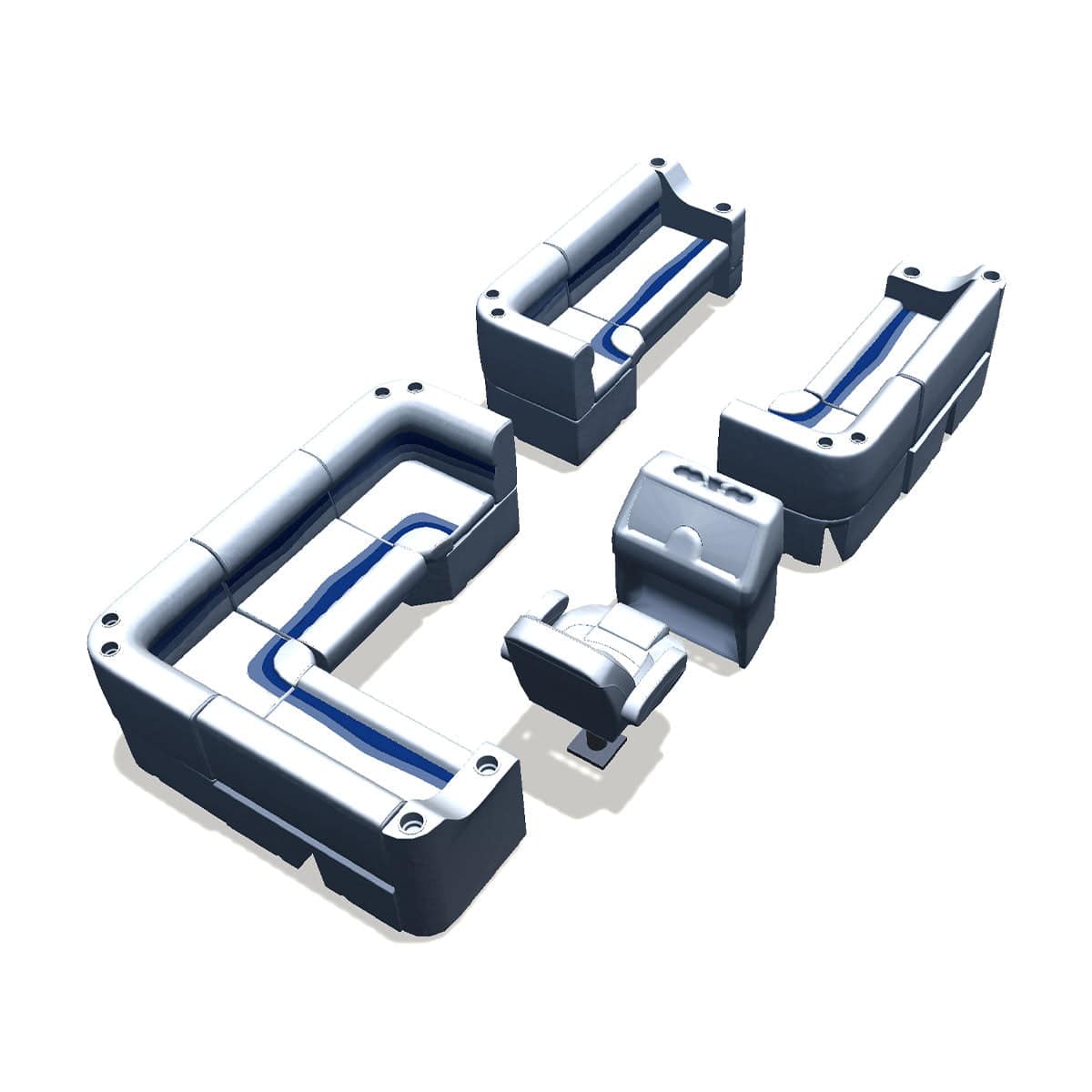 Stern entry pontoon seat package with cupholder bow double bench and corner seats back #color_white, blue & light blue