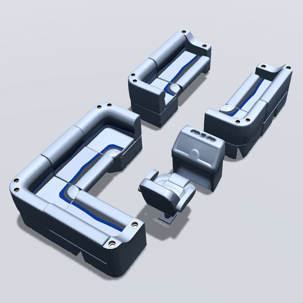 Stern entry pontoon seat package with cupholder bow double bench and corner seats back #color_gray, blue & charcoal
