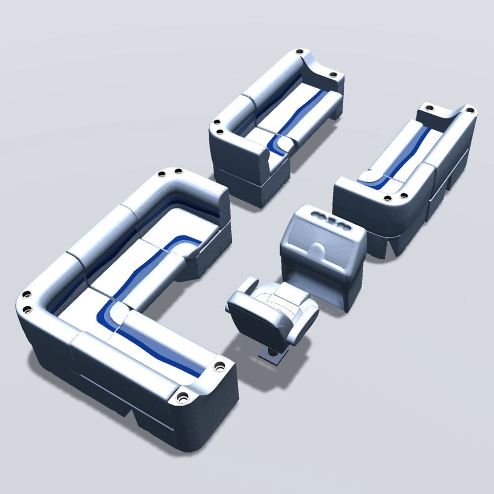 Stern entry pontoon seat package with cupholder bow double bench and corner seats back #color_white, blue & light blue