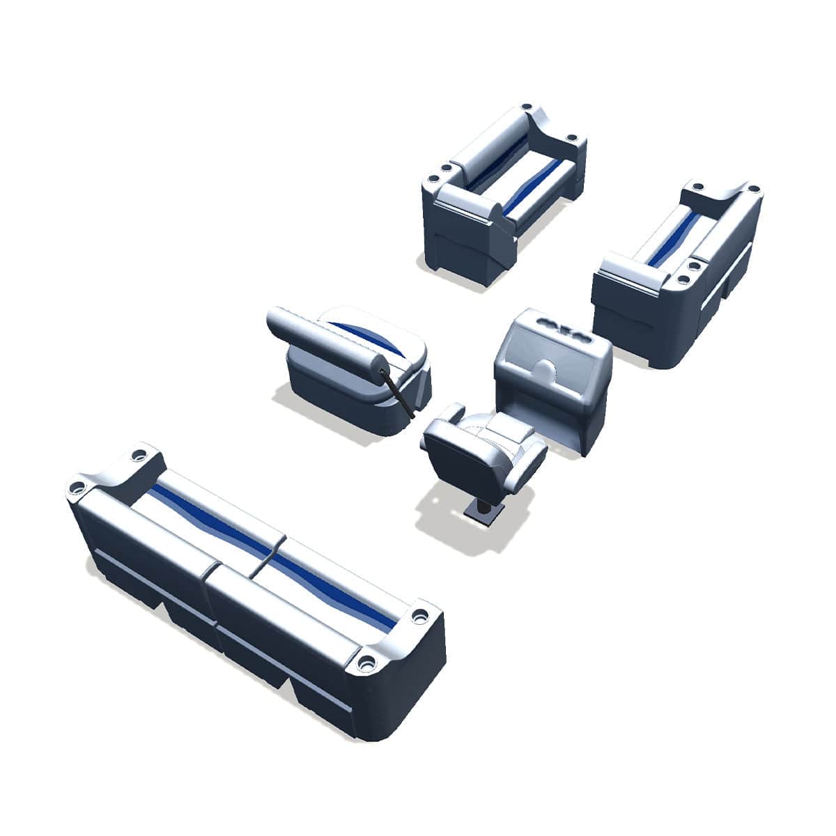 Side entry midship flip flop pontoon seat package with cupholder bow double bench and lean back seats back #color_white, blue & light blue