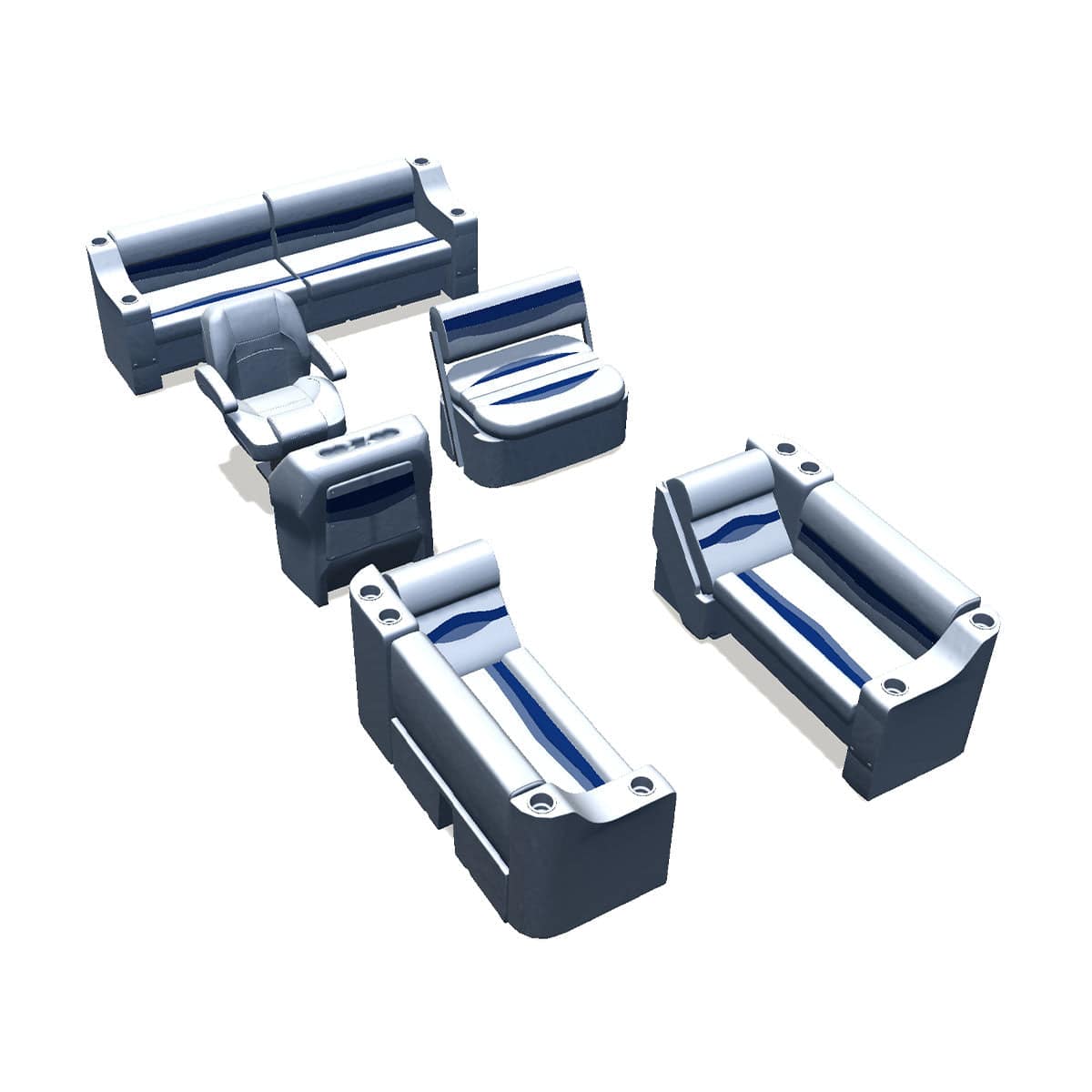 Side entry midship flip flop pontoon seat package with cupholder bow double bench and lean back seats #color_white, blue & light blue