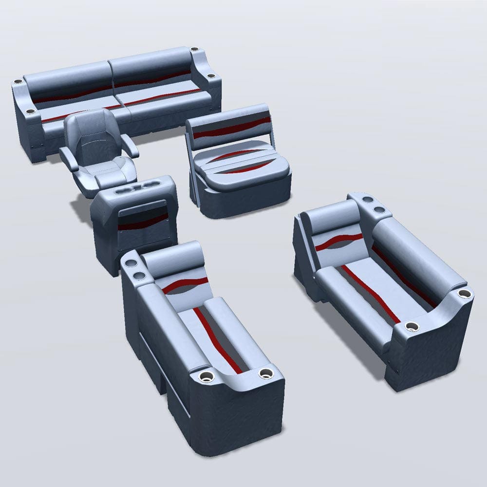 Side entry midship flip flop pontoon seat package with cupholder bow double bench and lean back seats #color_gray, red & charcoal