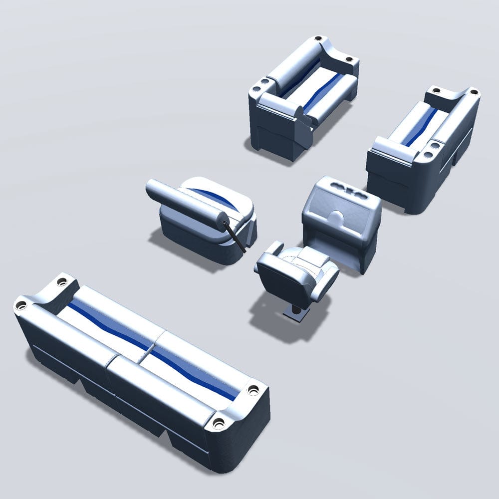 Side entry midship flip flop pontoon seat package with cupholder bow double bench and lean back seats #color_white, blue & light blue