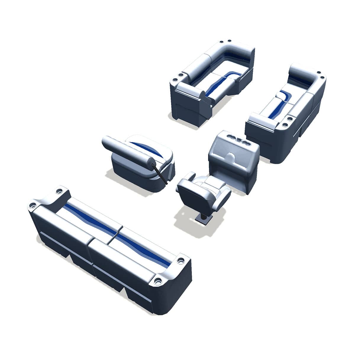 Side entry midship flip flop pontoon seat package with bow double bench lean back seats and corner seats back #color_white, blue & light blue