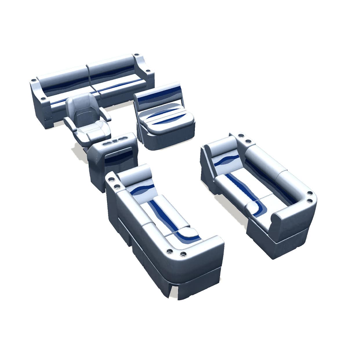 Side entry midship flip flop pontoon seat package with bow double bench lean back seats and corner seats #color_white, blue & light blue