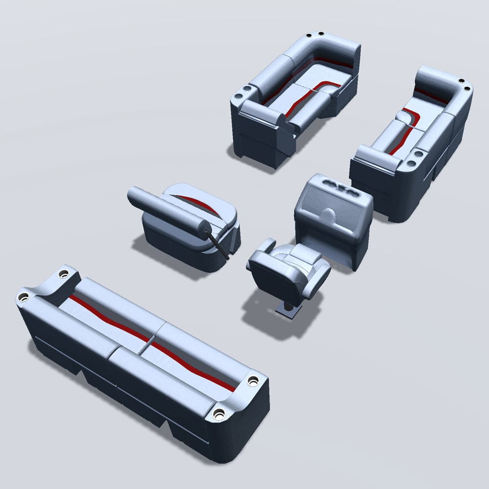 Side entry midship flip flop pontoon seat package with bow double bench lean back seats and corner seats back #color_gray, red & charcoal