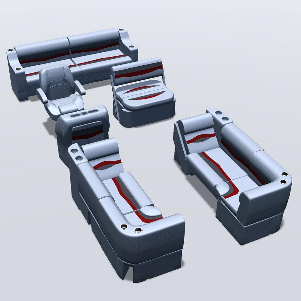 Side entry midship flip flop pontoon seat package with bow double bench lean back seats and corner seats #color_gray, red & charcoal