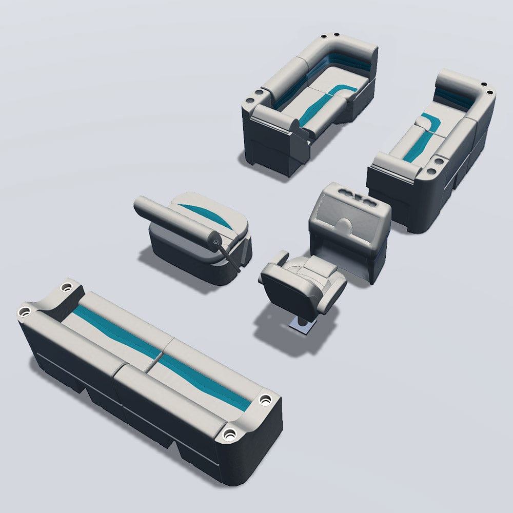 Side entry midship flip flop pontoon seat package with bow double bench lean back seats and corner seats back #color_ivory & teal
