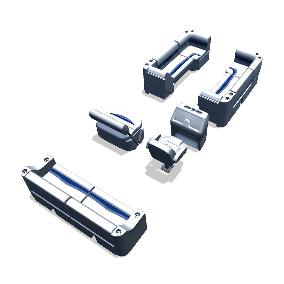 Side entry midship flip flop pontoon seat package with lean back bow double bench and corner seats back #color_white, blue & light blue