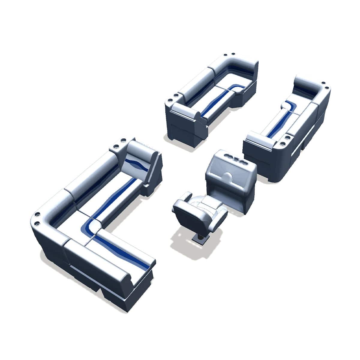 Stern entry pontoon seat package with lean back bow double bench and corner seats back #color_white, blue & light blue