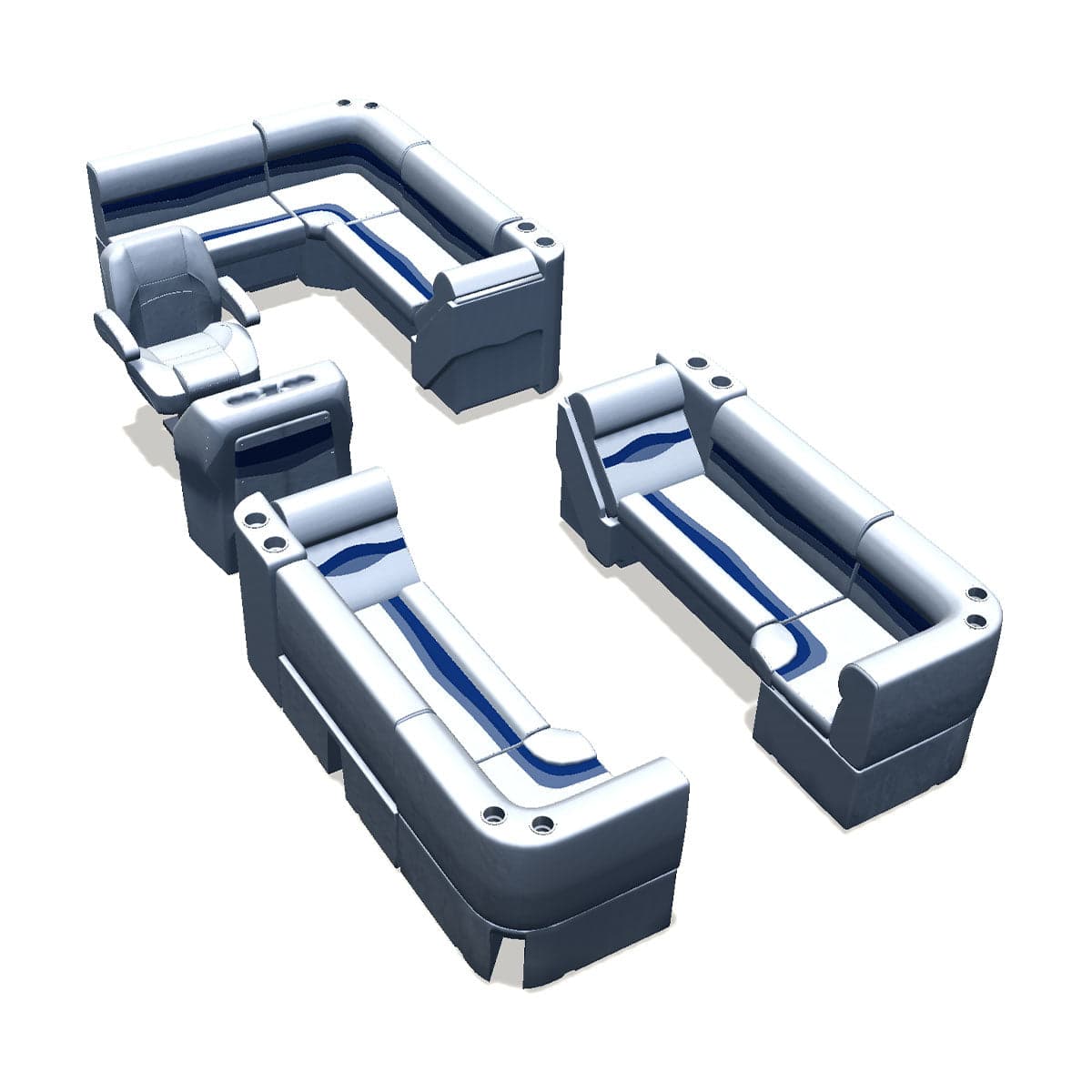 Stern entry pontoon seat package with lean back bow double bench and corner seats #color_white, blue & light blue