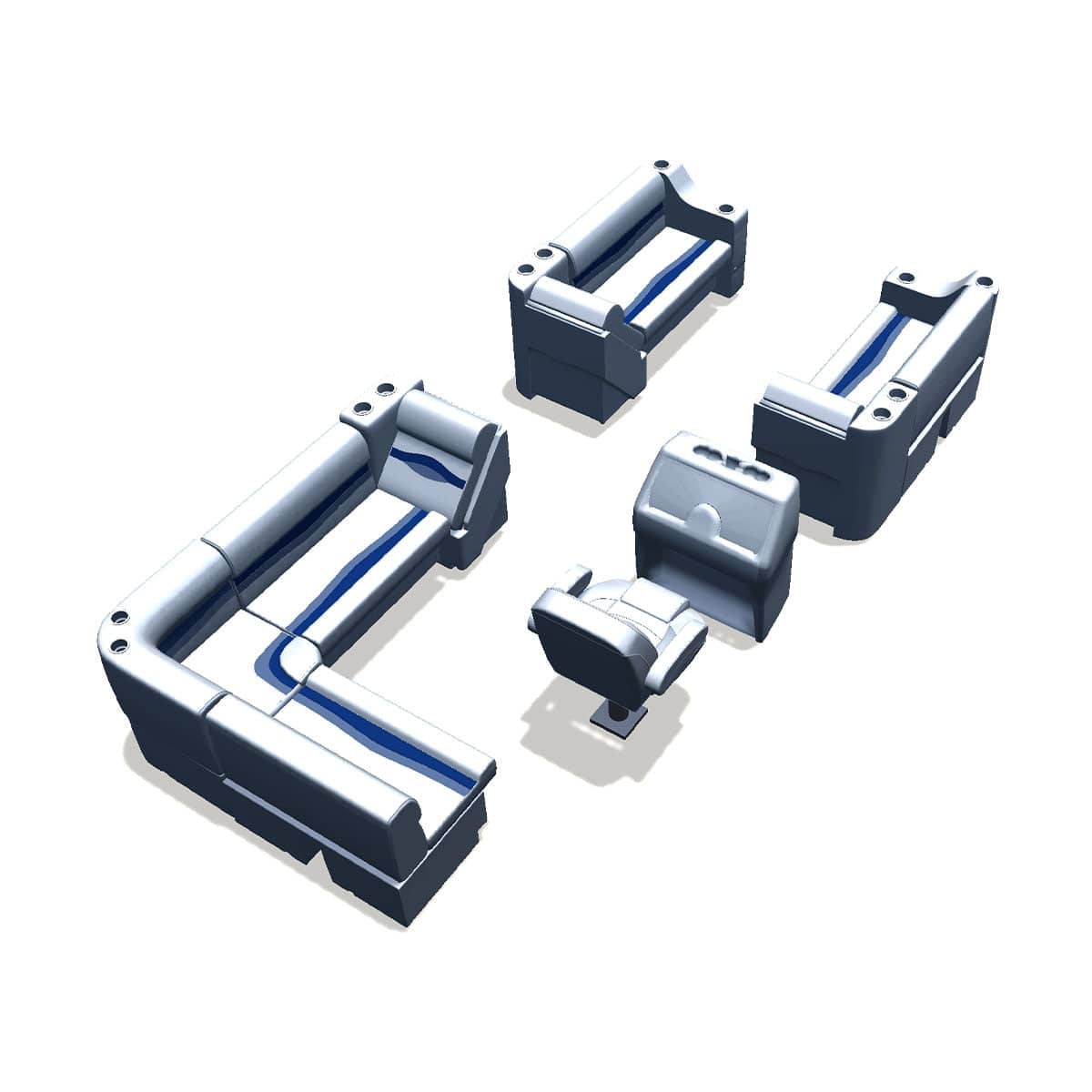 Stern entry pontoon seat package with cupholder  bow double bench and lean back seats back #color_white, blue & light blue